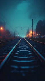 Converging wet railway tracks under foggy blue twilight haze