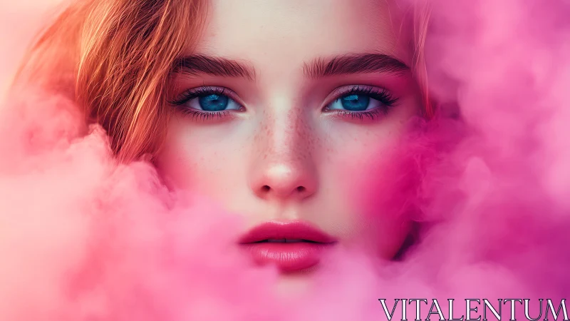 Female face framed by dense pink smoke and soft lighting.