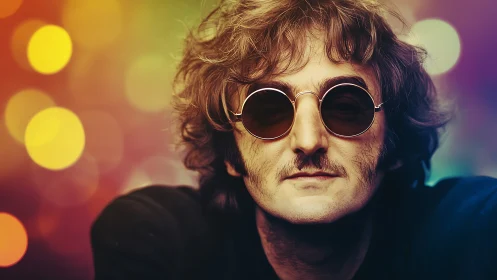 Man with round sunglasses before blurred colored lights.