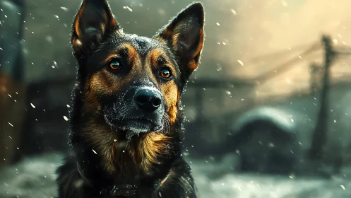 Snow-kissed shepherd sentinel under amber winter light.