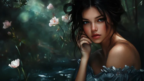 Forest muse in moonlit bloom, wrapped in quiet wonder.