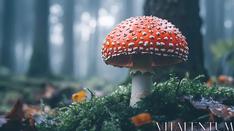 Fly agaric mushroom glows in misty forest undergrowth.