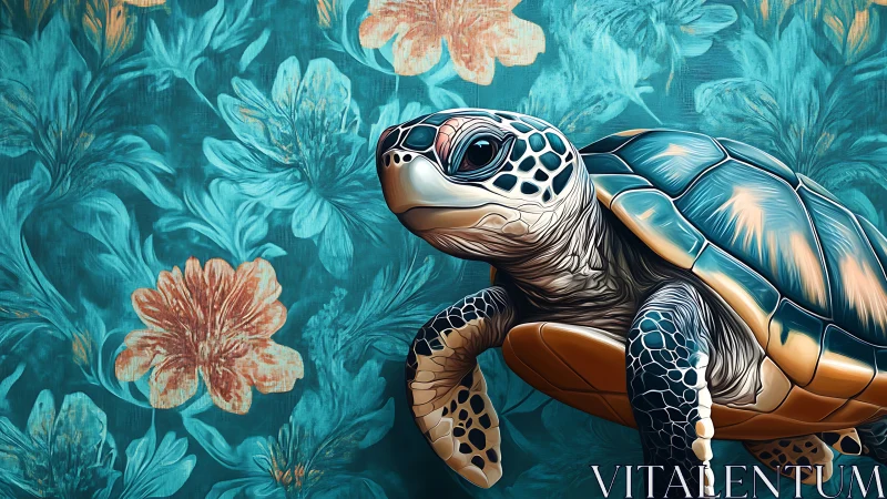 Sea turtle glides past teal florals in a dreamy art portrait
