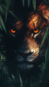 High-contrast lion portrait with volumetric jungle lighting and glow