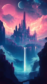 Otherworldly neon citadel rises above cascading falls.