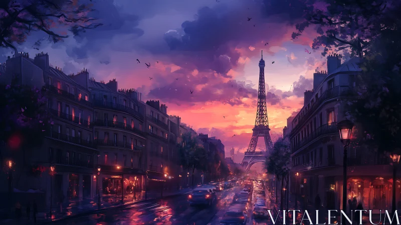 Twilight Paris boulevard with Eiffel Tower under magenta storm sky