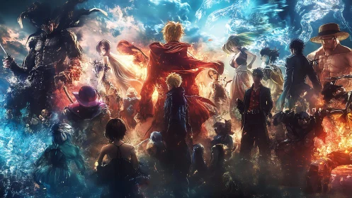 Heroic anime warriors converge amid fire and water energy