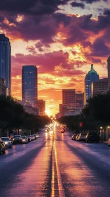Sunset-lit downtown avenue glows with reflective city lights.