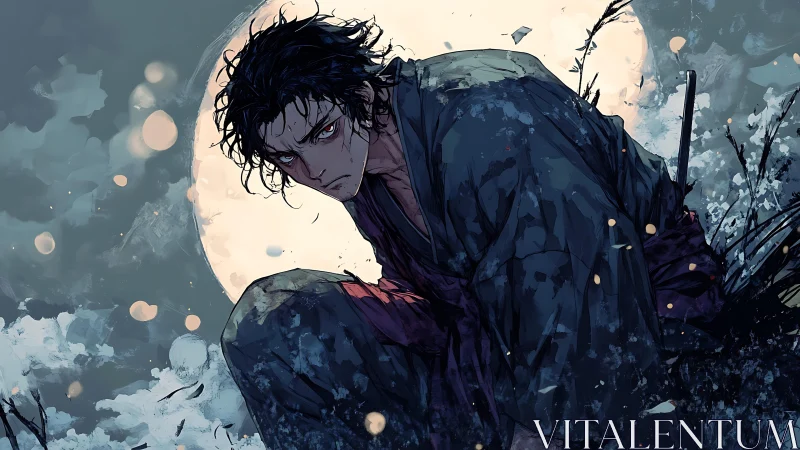 Bloodlit ronin crouched before oversized lunar backlight.