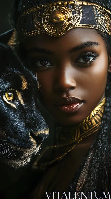 Photorealistic regal portrait with panther and gilded headdress.