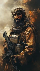 Desert warrior grips rifle amid burning stormscape.