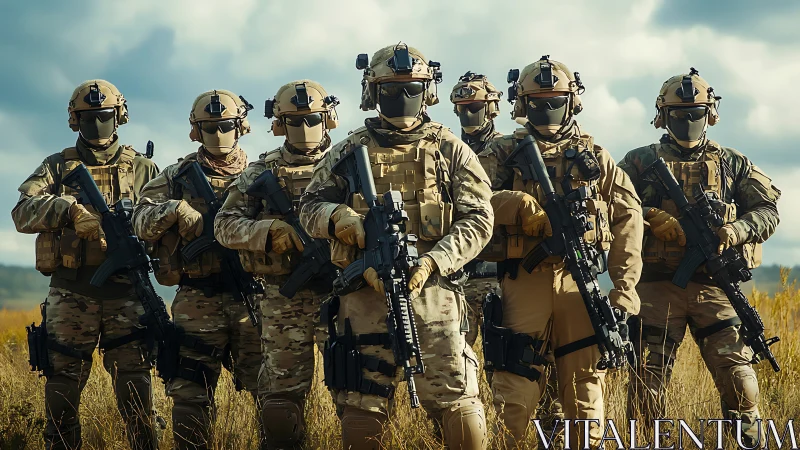 Modern tactical soldiers in full combat gear outdoors.