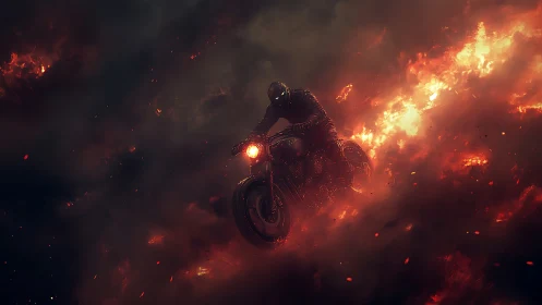 Motorcyclist rides through dense flames in dark smoke