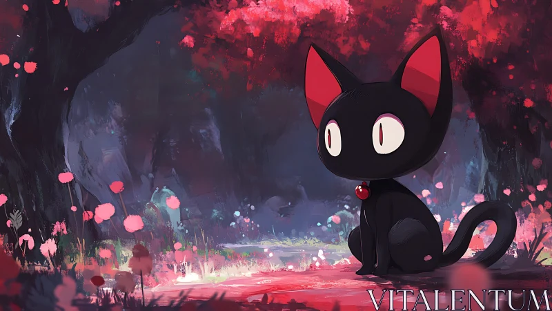Digital painting of black cat in luminous crimson forestscape.