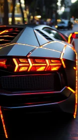 Futuristic supercar rear with neon red taillight grid glow.