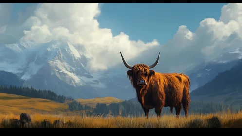 Highland cow stands proud before dramatic snowy peaks.