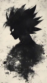 Ink-splatter silhouette of spiky-haired anime warrior.