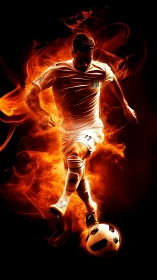 Soccer player dribbles ball surrounded by stylized flames