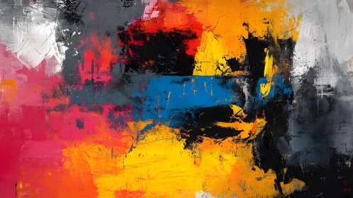 Bold abstract painting with vivid yellow, red, and blue brushstrokes.