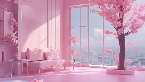Monochrome pink loft with cherry blossom tree and panoramic glazing