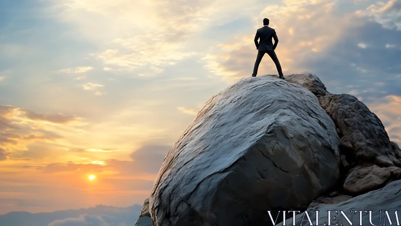 Business leader stands atop mountain peak at sunrise.