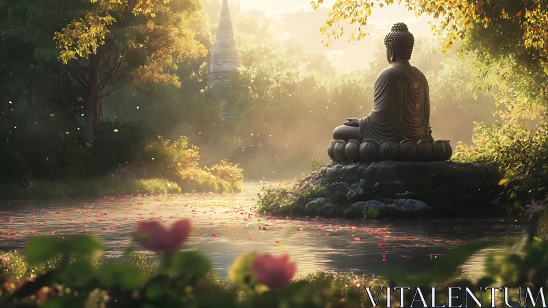 Gentle riverside Buddha statue invites quiet reflection at dawn