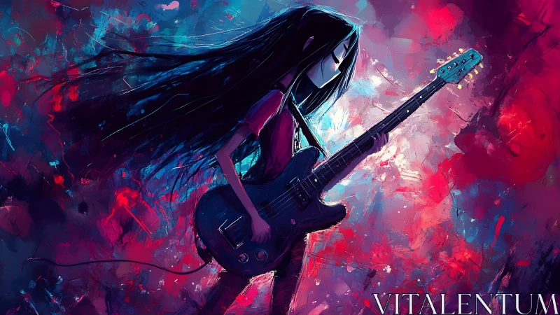 Neon storm guitarist shreds through swirling cosmic color.