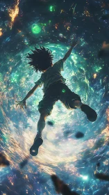 Anime vortex plunge with dynamic perspective and luminous nebulae.