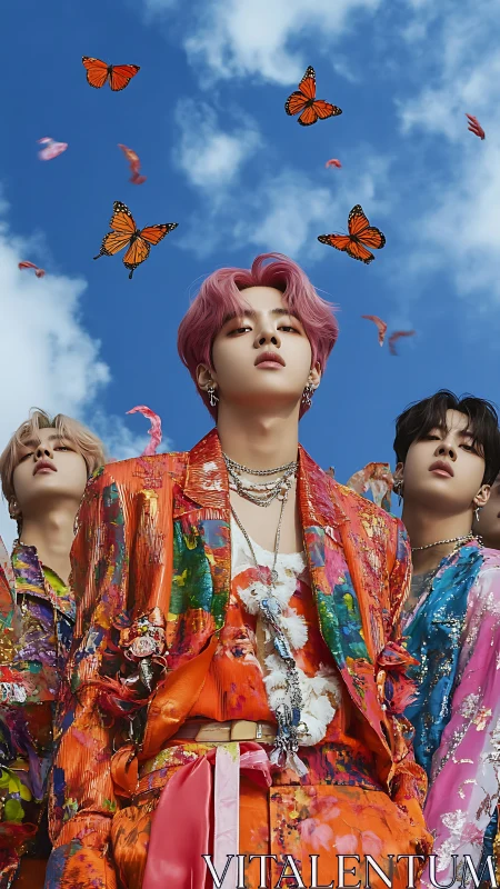 Monarch-splashed pop trio beneath a paint-splattered sky.