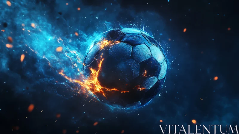 Soccer ball rendered with contrasting fire and blue energy effects