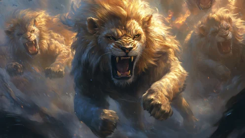 Charging lion pride in dynamic frontal charge, cinematic lighting