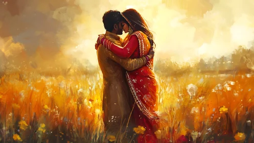 Two figures in traditional attire embrace in golden flowering field