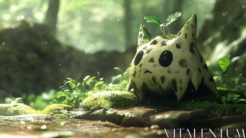 Mossy forest creature sculpture under soft dappled light.