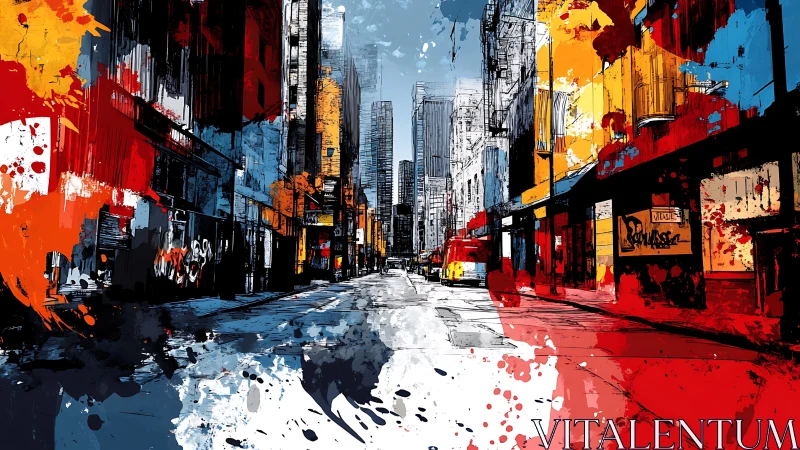 Urban street explodes with bold abstract paint splashes.