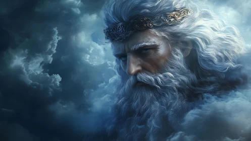 Bearded elder godlike figure emerges from dense storm clouds