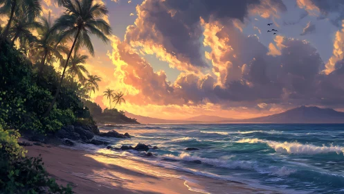 Sunlit tropical shoreline with palm trees at quiet sunset.