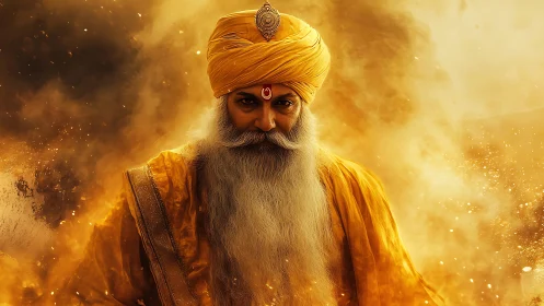 Golden sage in swirling light and quiet inner fire.