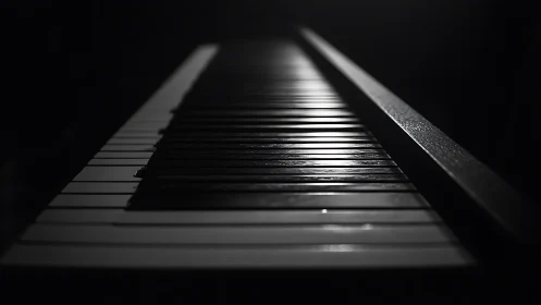 Oblique low key view reveals glossy piano keys with shallow focus