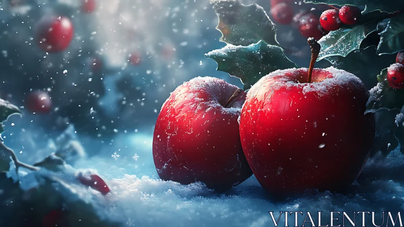 Crimson winter apples gleam amid snowlit holly magic.