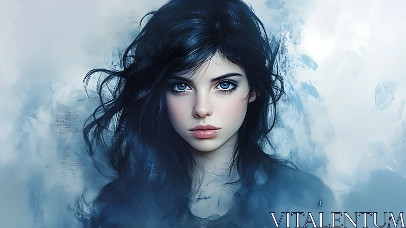 Frost-kissed raven-haired muse in swirling winter mist.