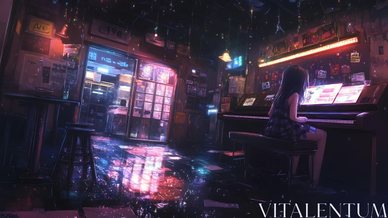 Girl plays piano in dim urban bar interior at night