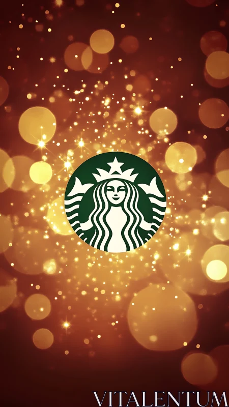 Coffee chain logo over golden bokeh light background.