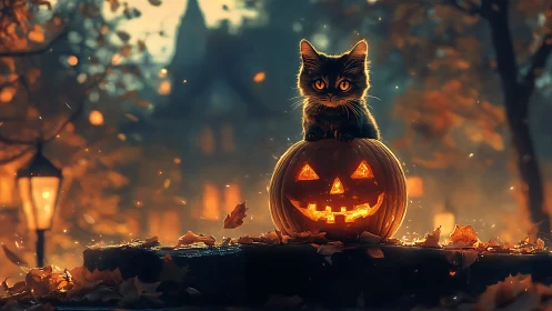 Black Cat Perched on Glowing Jack-o'-Lantern at Dusk.