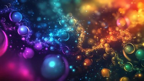 Radiant cosmic bubbles drift through glowing rainbow stardust