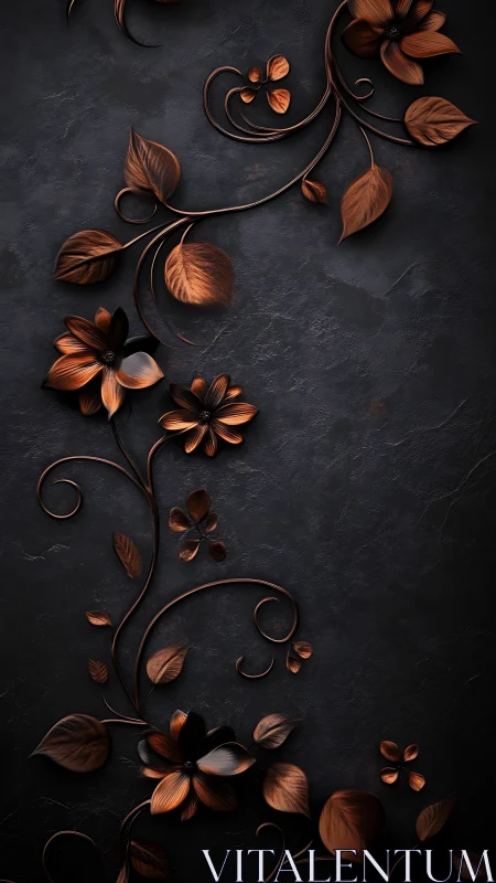 Embossed copper floral scrollwork on matte charcoal stone ground