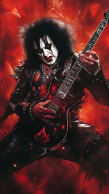 Corpse-painted metal guitarist shredding in molten reds.