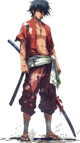 Battle-worn ronin stands defiant in bloodstained crimson robes