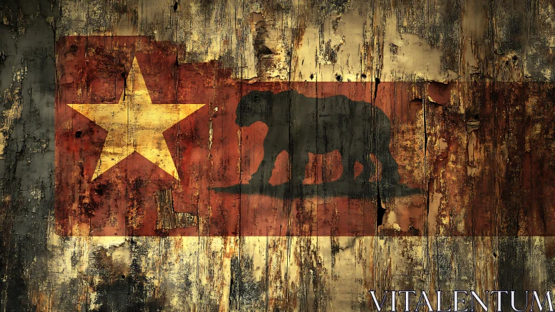 Weathered bear emblem and star flag painted on distressed timber
