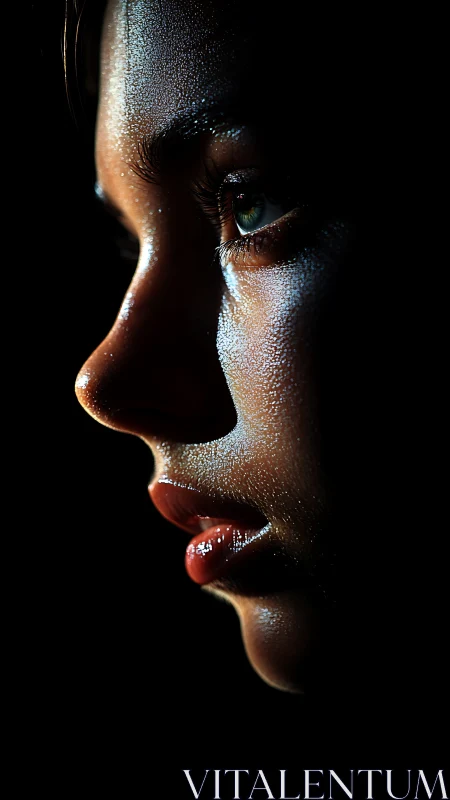 Side profile close-up of illuminated human face in dark.