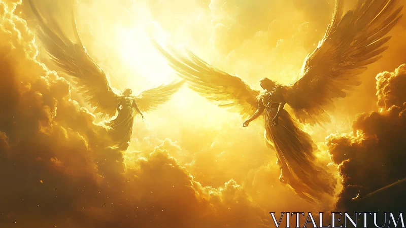 Radiant golden angels ascend through blazing celestial clouds